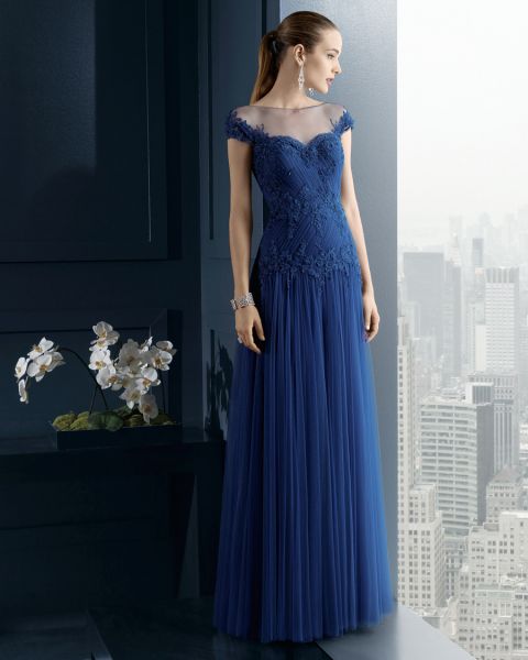 Navy blue with sweetheart neckline and dropped shoulders