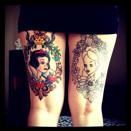 tattoo on both legs with disney princesses
