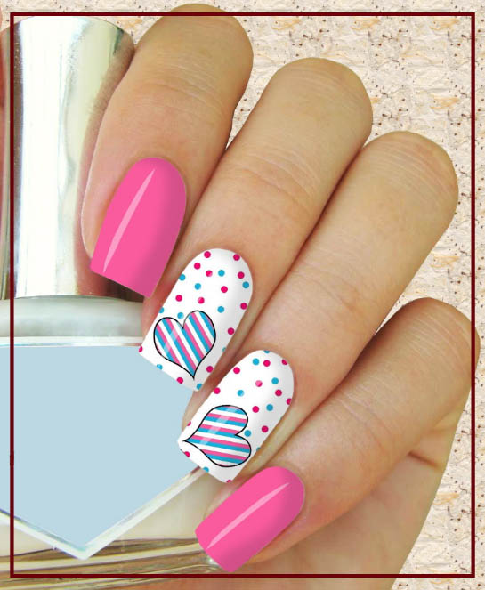 nails decorated with colored dots and stripes