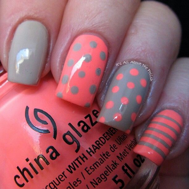 nails decorated with colored dots and stripes