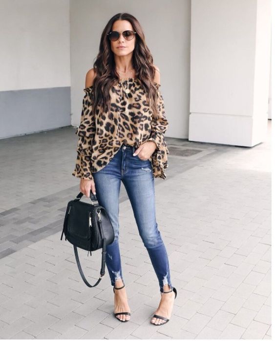 loose animal print blouse with jeans