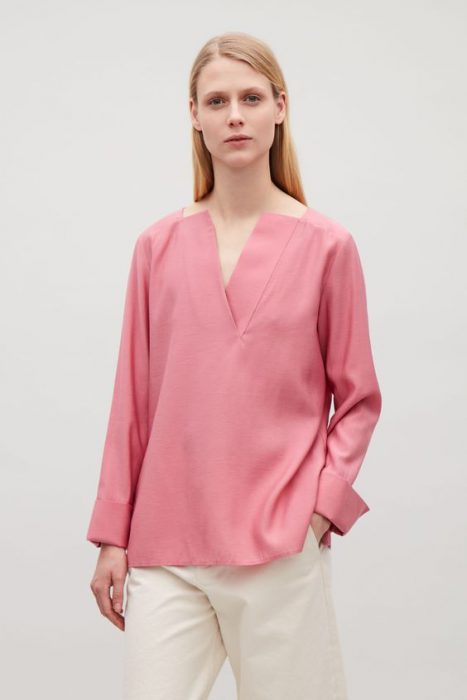 oversized pink blouse with dress pants