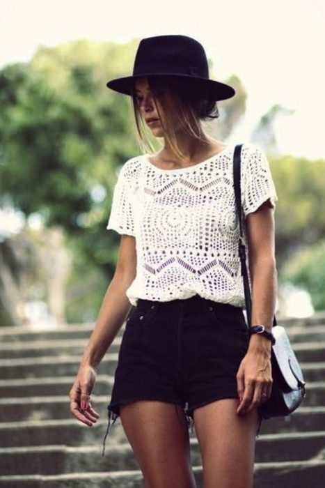 modern outfit with crochet blouse and jeans shorts