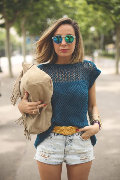 blue shirt with crochet sleeves