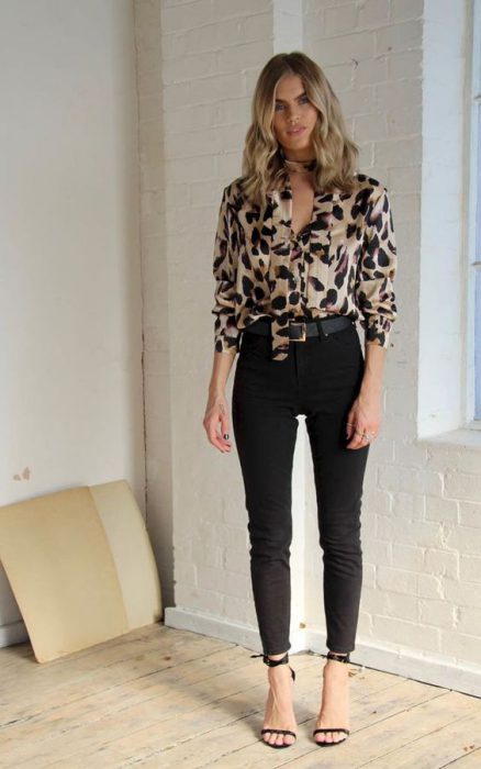 animal print silk blouse and black chupin