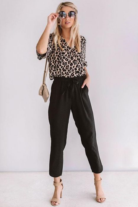 animal print blouse and black slippers