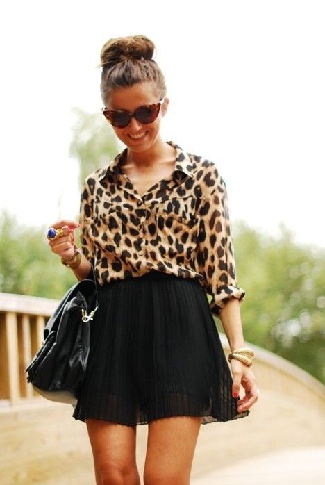 black mini skirt with animal print blouse