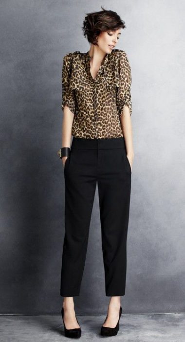 animal print blouse and black dress pants