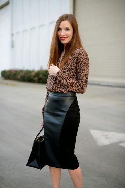 Rubberized pencil skirt with animal print blouse