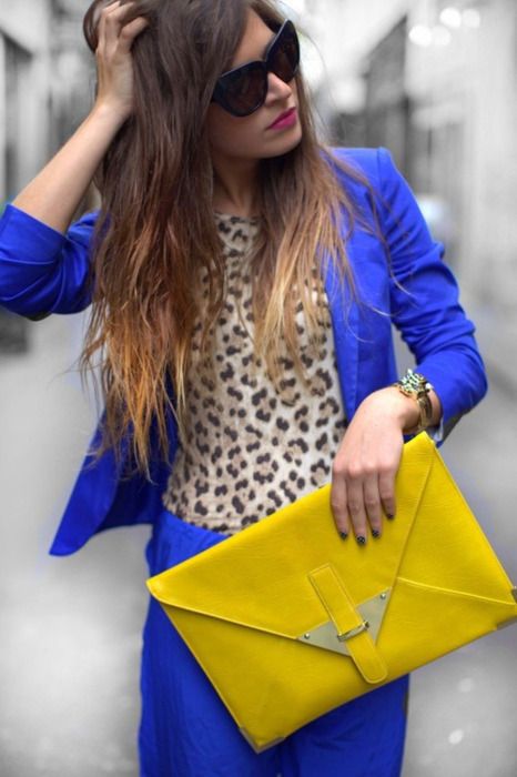 animal print blouse with france blue suit