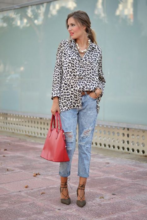 animal print shirt with mom jeans