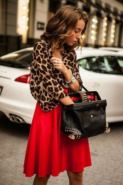 red skirt with animal print blouse