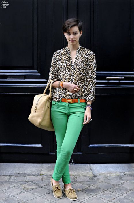 animal print blouse with green pants