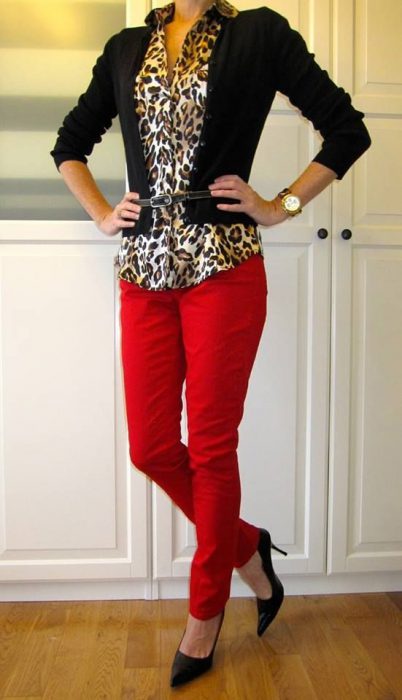 animal print blouse with red pants