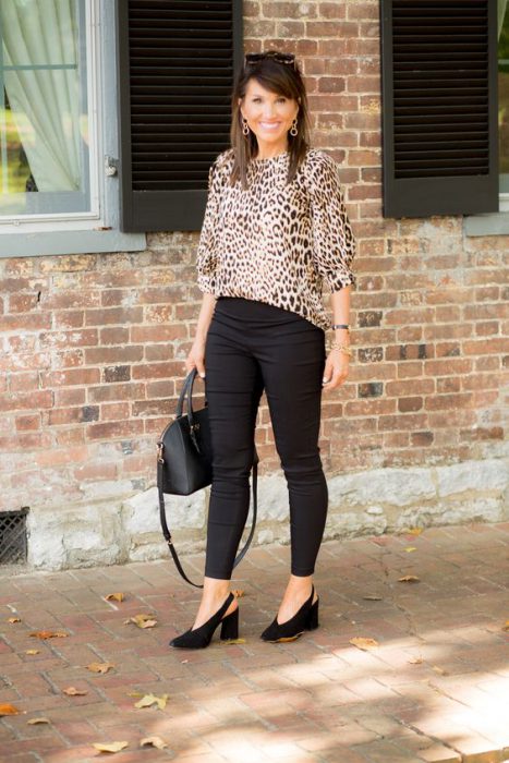 animal print blouse with chupin dress pants