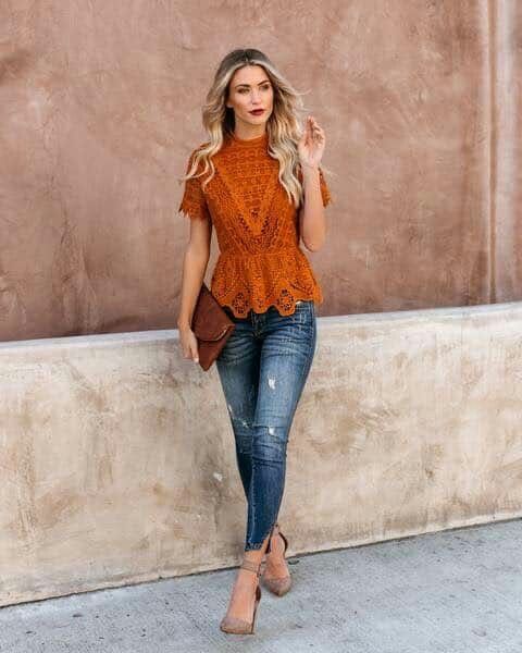 brick lace blouse with jeans