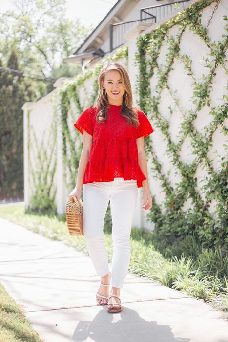 casual look with white pants and red blouse