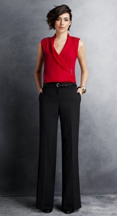 formal look with red blouse and black pants