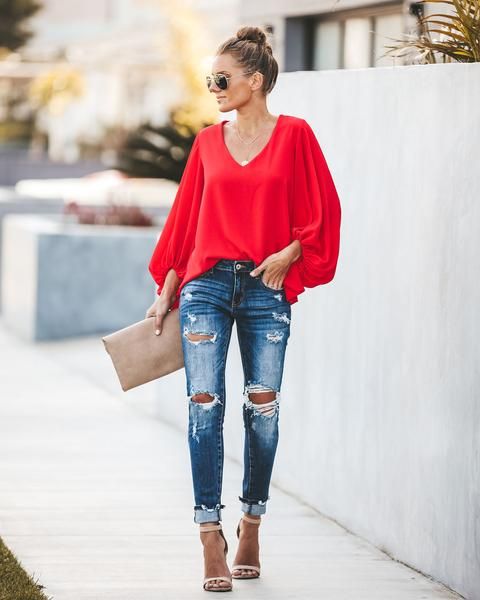 red blouse and jeans