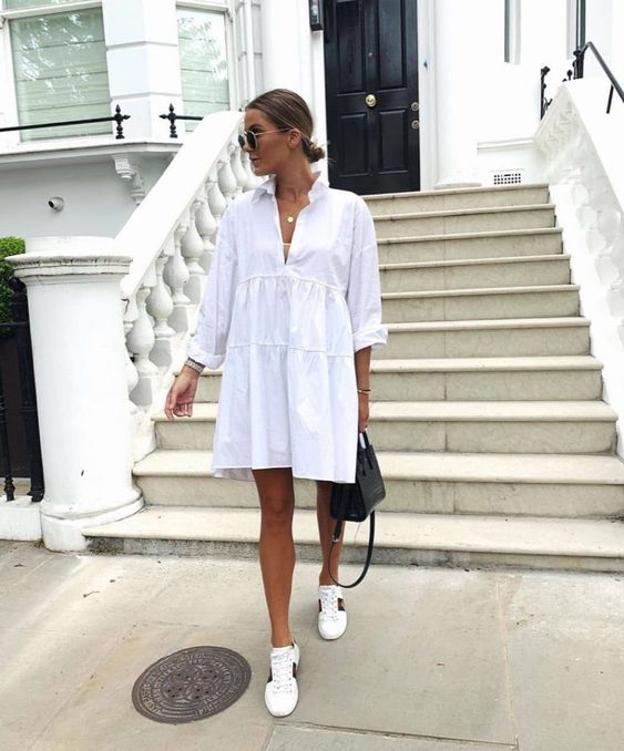casual white dress with sneakers