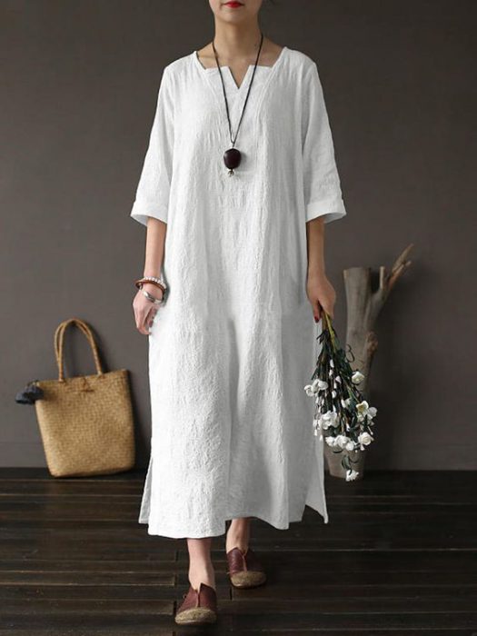 linen tunic dress with flat shoes