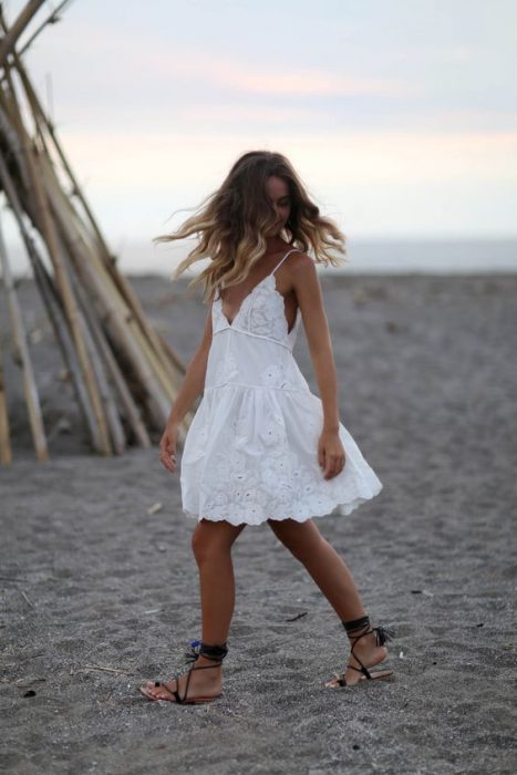 casual white dress with gladiator sandals