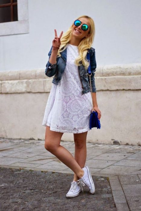 white broderie dress and jeans jacket