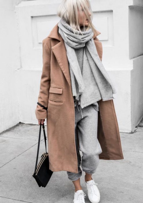 beige jogger and cap