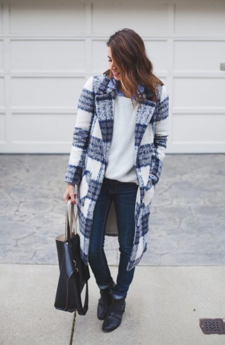 plaid coat and jeans