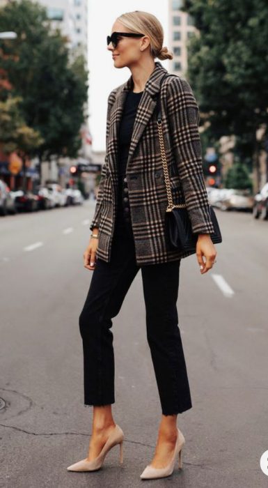 checkered jacket with black dress pants