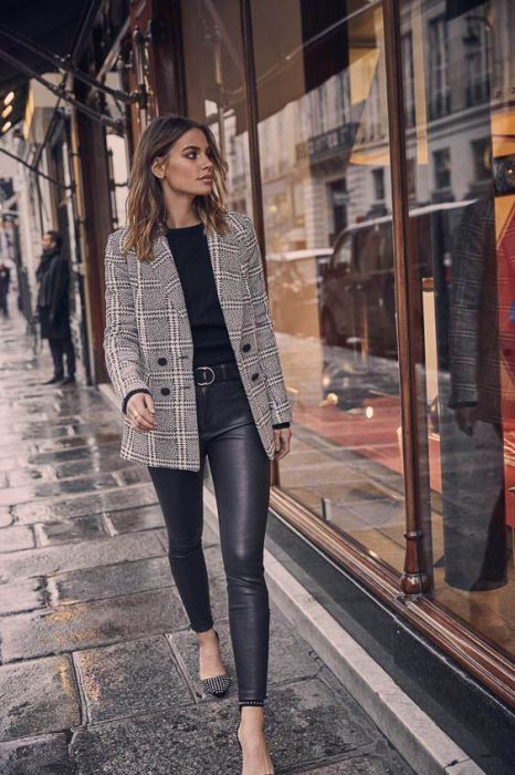 Checkered jacket with black rubberized pants