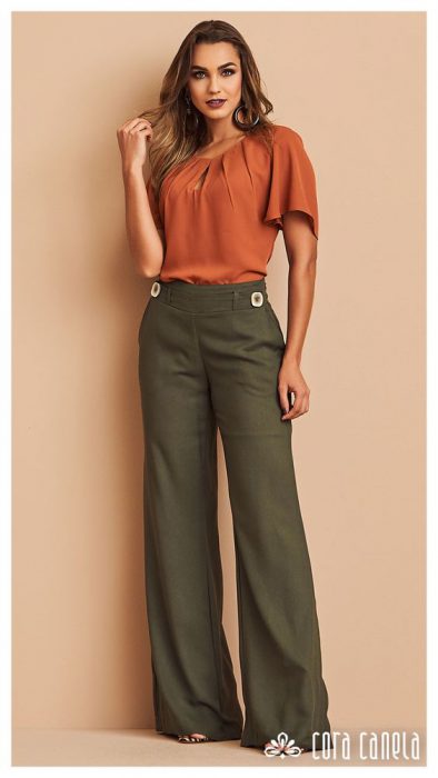Terracotta blouse and military green pants