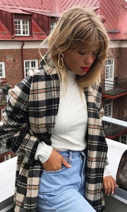 plaid jacket and jeans