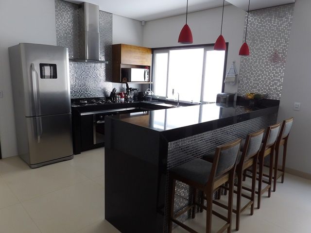 American kitchen with dark granite counter
