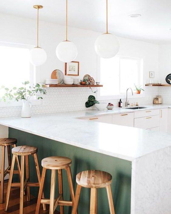 American kitchen counter with lamp and stools