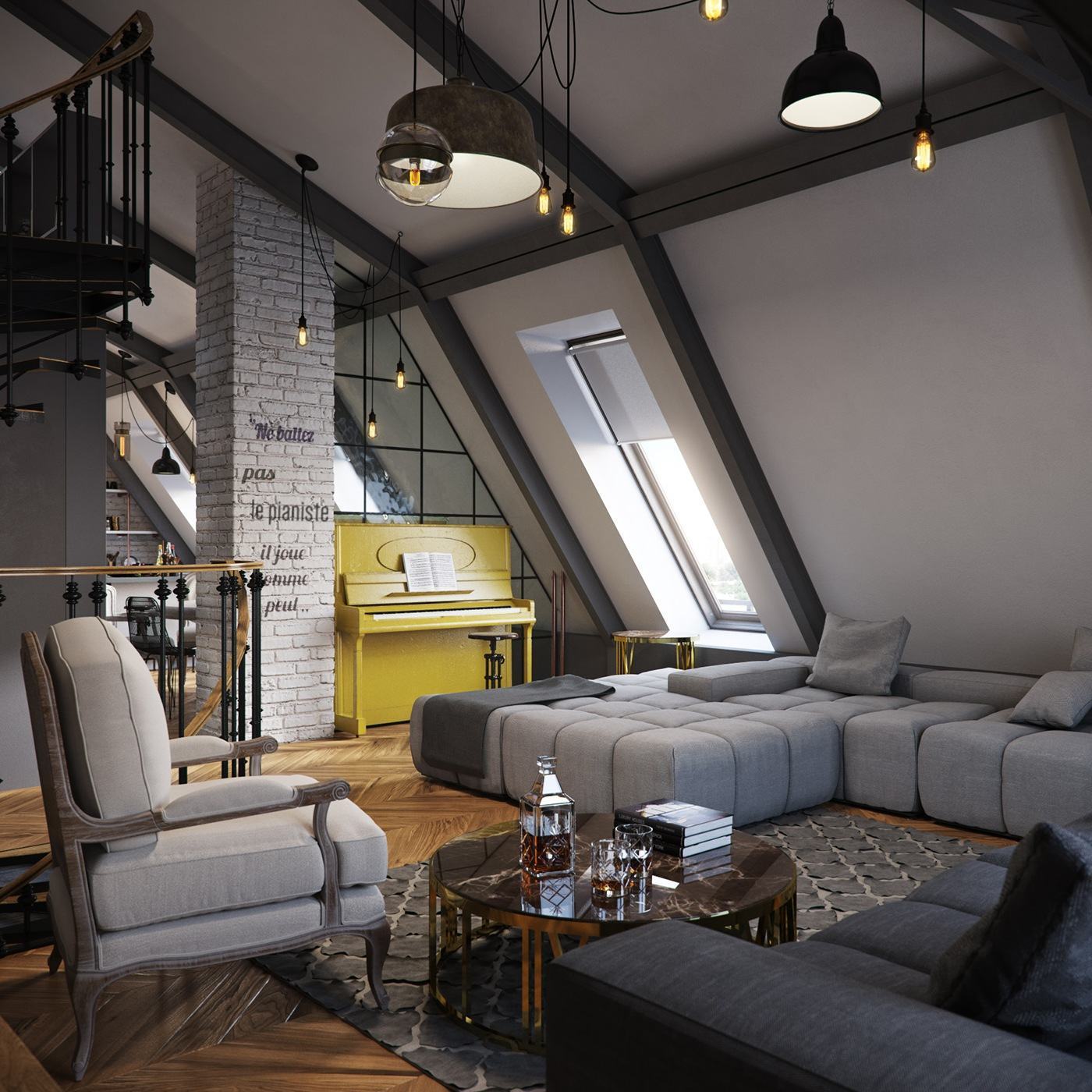 loft room with rustic decor