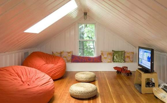 wooden loft with poufs