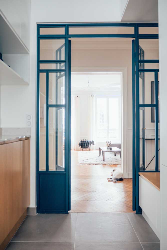 blue sliding door with 2 leaves in glass parts