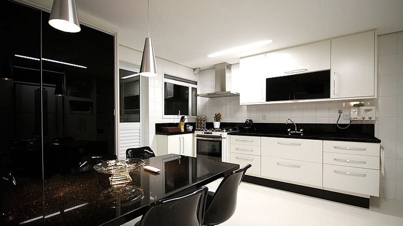 Black and white small apartment kitchen