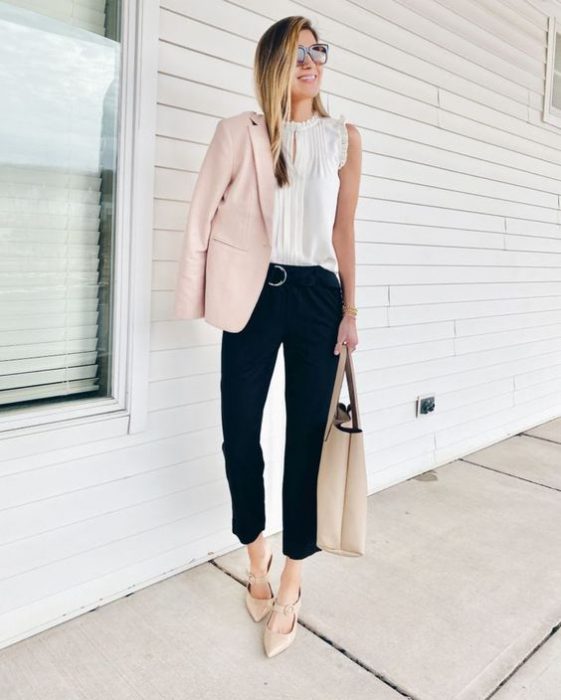 black dress pants and pink blazer