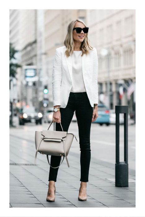 white blazer and black jeans for office 1