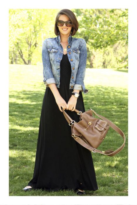 black maxi dress with denim jacket