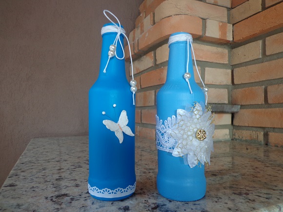 blue decorated bottles