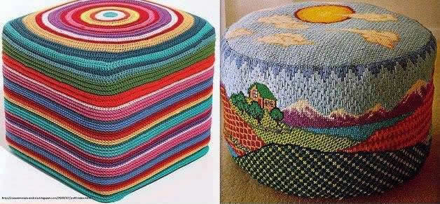 Handmade pouf made with pet bottle with colorful upholstery