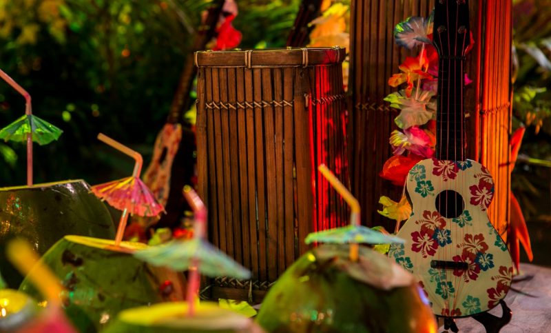 Luau Party with Musical Instruments and Tropical Fruits