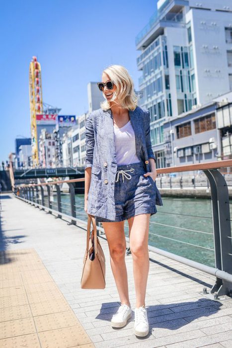 casual outfit with linen suit women short