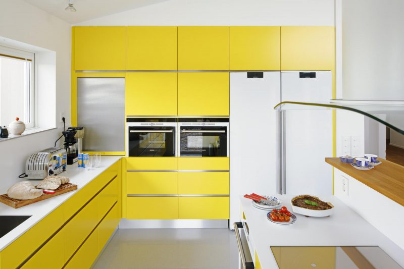 yellow and white kitchen