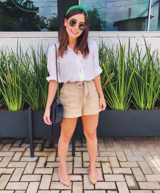 beige shorts and white shirt