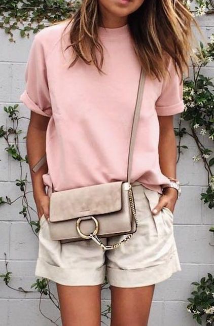 beige shorts and pink blouse