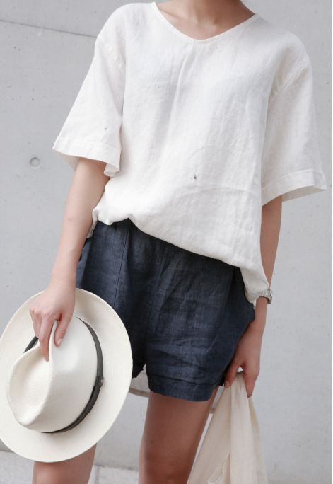 linen blouse and dark blue pants